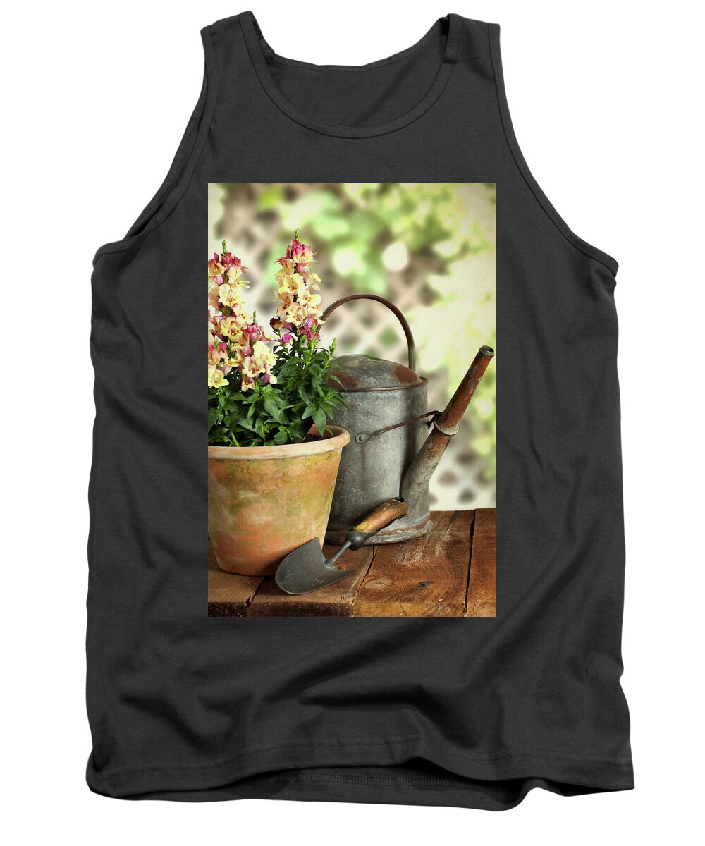 Old Pot Tank Top featuring the photograph Snap Dragon Plant With Garden Tools by Ethiriel Photography