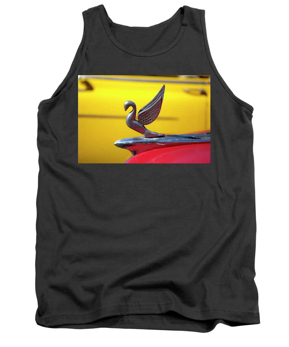 Charles Harden Photography Oldsmobile Packard Hood Ornament Havana Cuba Car Automobile Red Yellow Chrome Swan Bird Tank Top featuring the photograph Oldsmobile Packard Hood Ornament Havana Cuba by Charles Harden