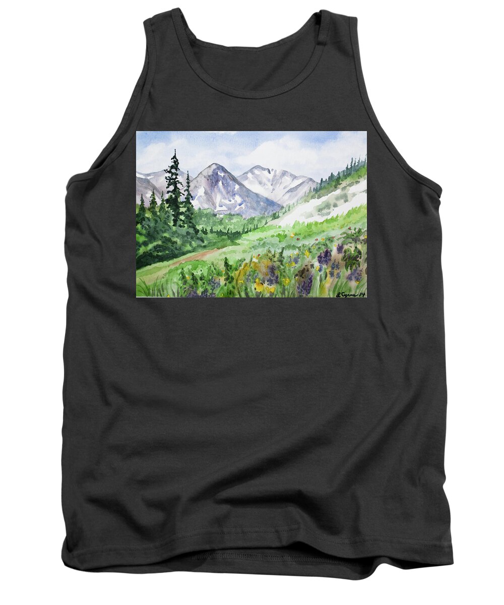 Colorado Tank Top featuring the painting Original Watercolor - Colorado Mountains and Flowers by Cascade Colors