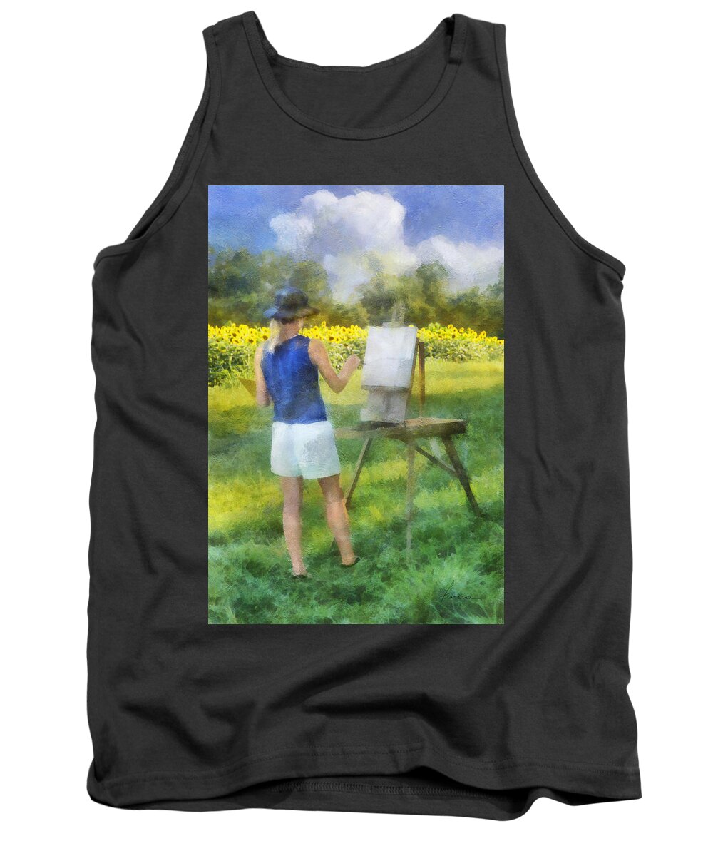 Plen Air Tank Top featuring the digital art Painting Field Sunflowers by Frances Miller
