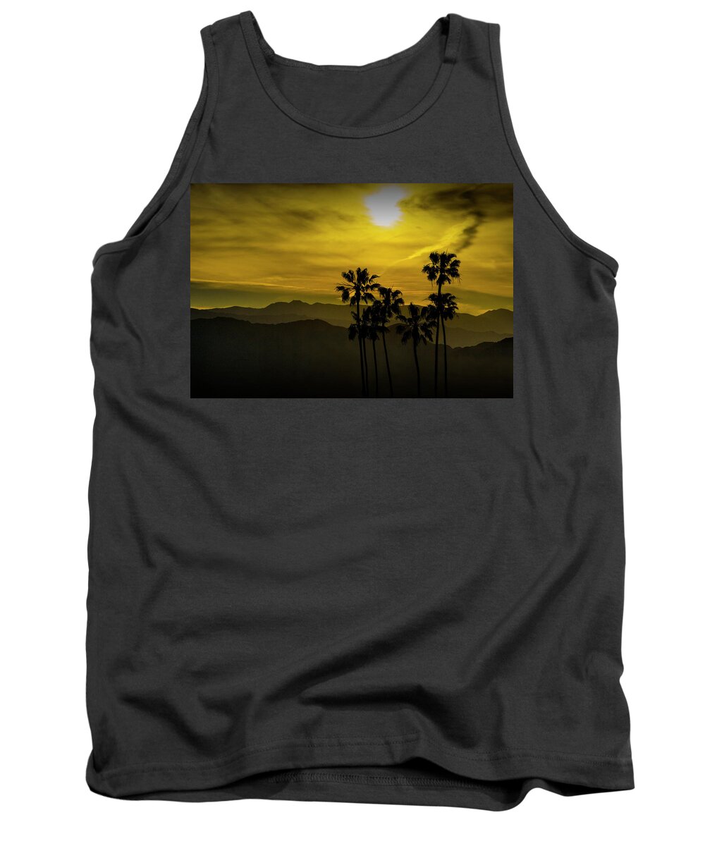 Tree Tank Top featuring the photograph Palm Trees at Sunset with Mountains in California by Randall Nyhof