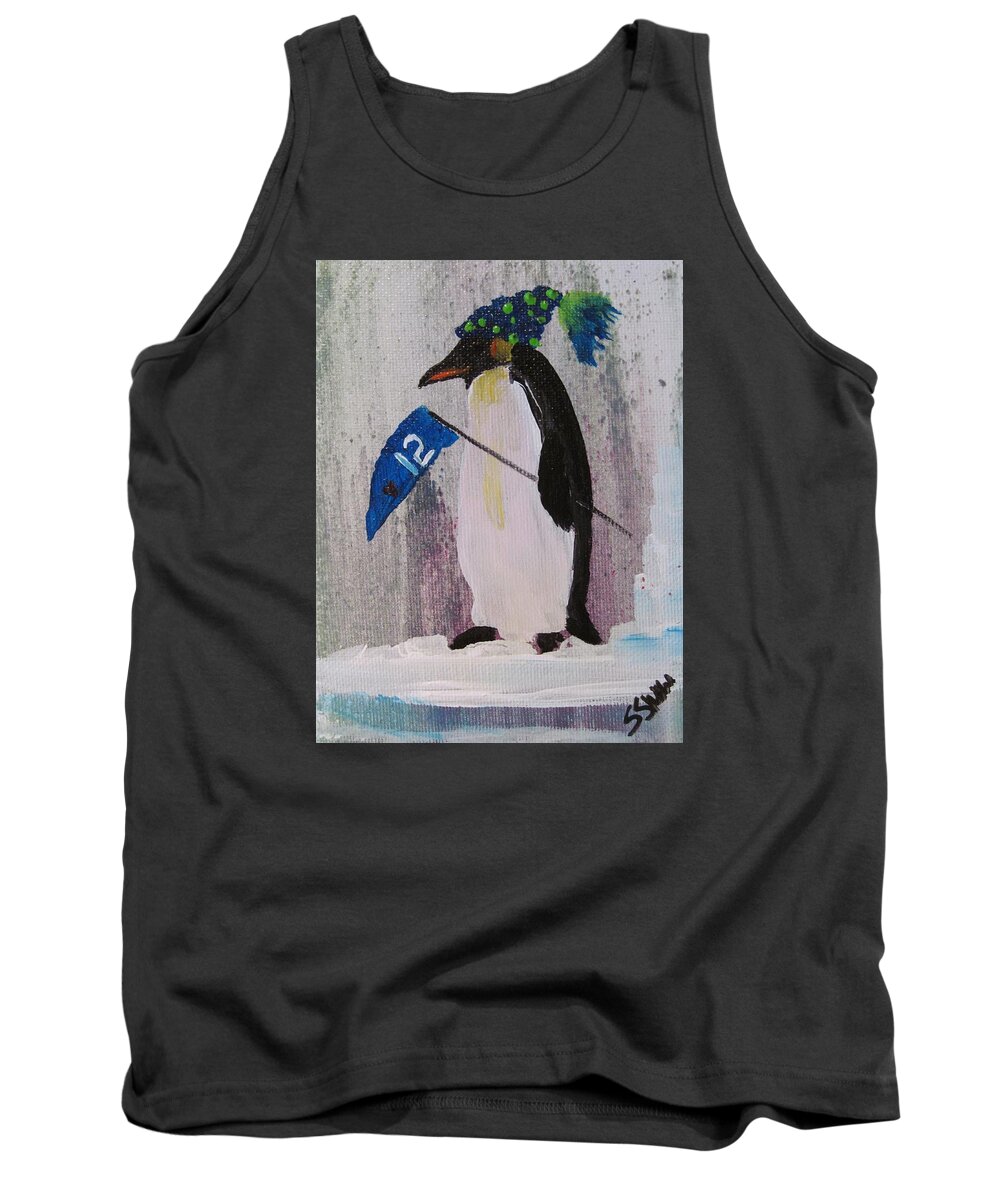 Seahawk Fan Tank Top featuring the painting Peter Penquin at the game by Susan Voidets