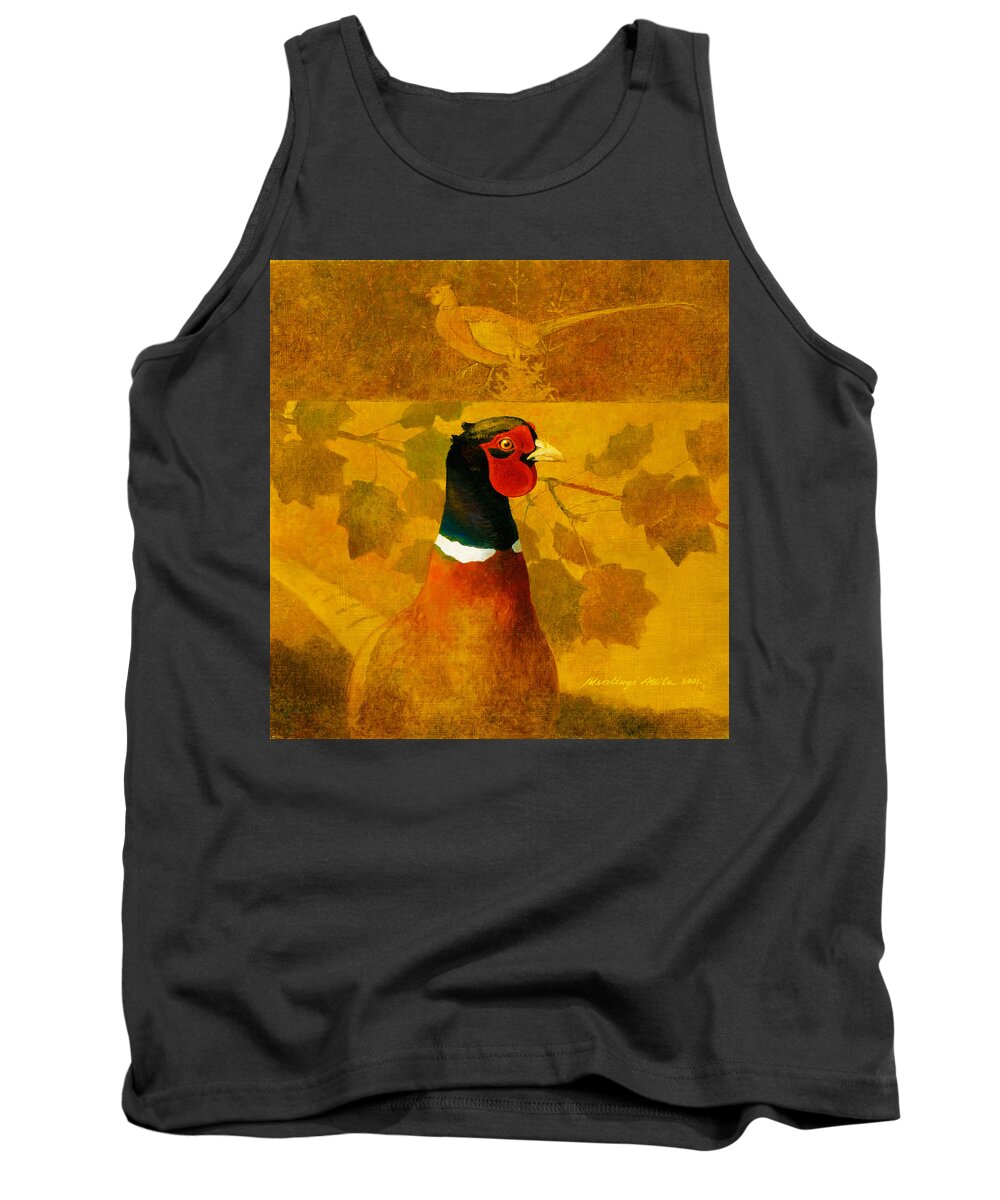 Pheasant Tank Top featuring the painting Pheasant in Yellow by Attila Meszlenyi