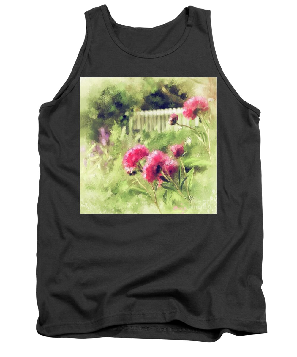 Peony Tank Top featuring the digital art Pink Peonies In A Vintage Garden by Lois Bryan