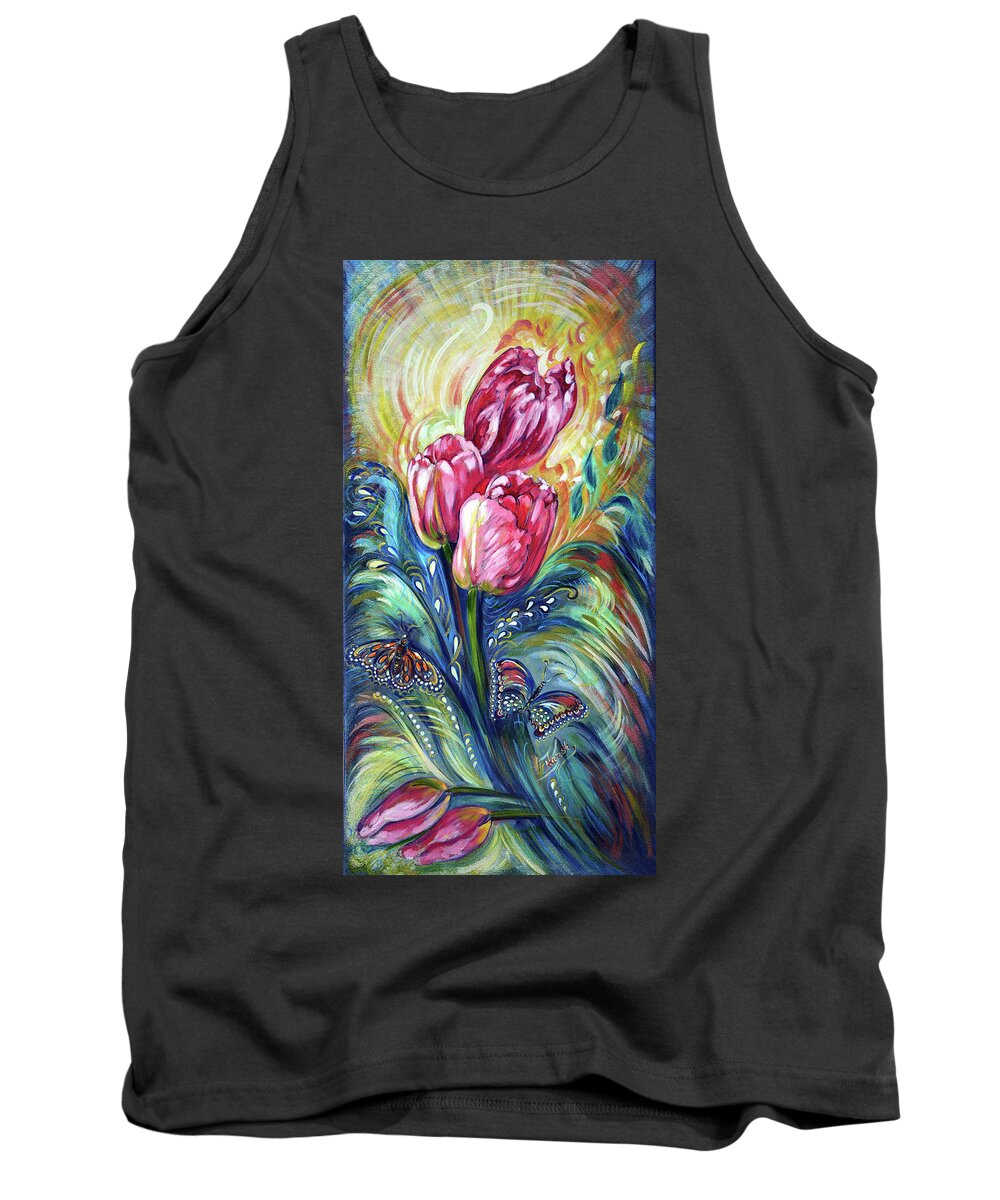 Tulip Tank Top featuring the painting Pink Tulips and Butterflies by Harsh Malik
