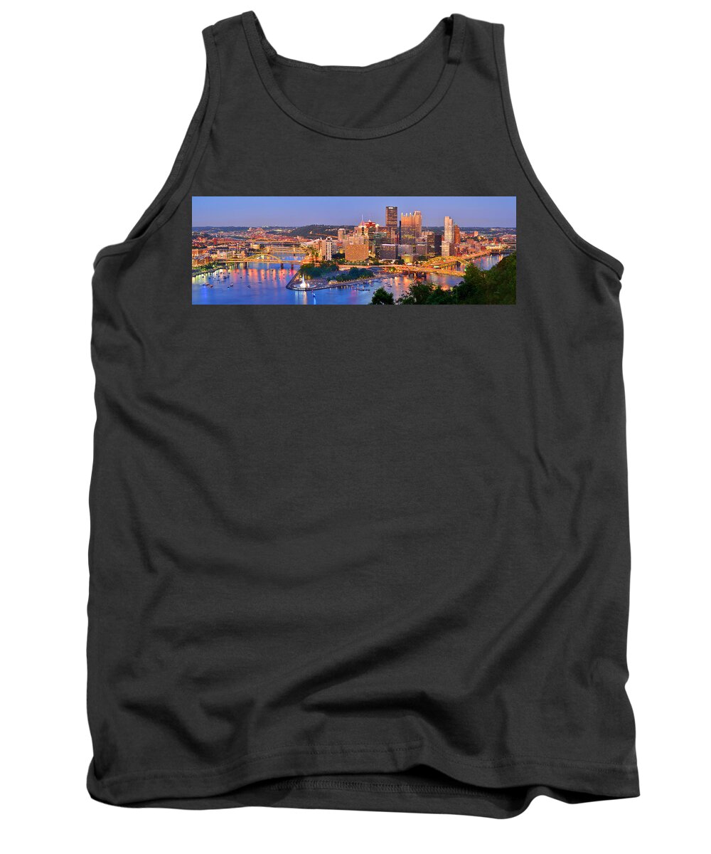 Pittsburgh Skyline Tank Top featuring the photograph Pittsburgh Pennsylvania Skyline at Dusk Sunset Panorama by Jon Holiday