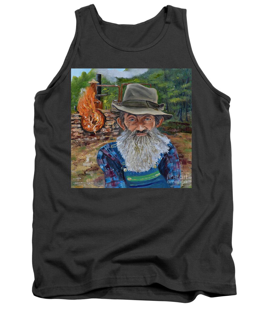 Hillbillies Tank Top featuring the painting Popcorn Sutton - Rocket Fuel -White Whiskey by Jan Dappen