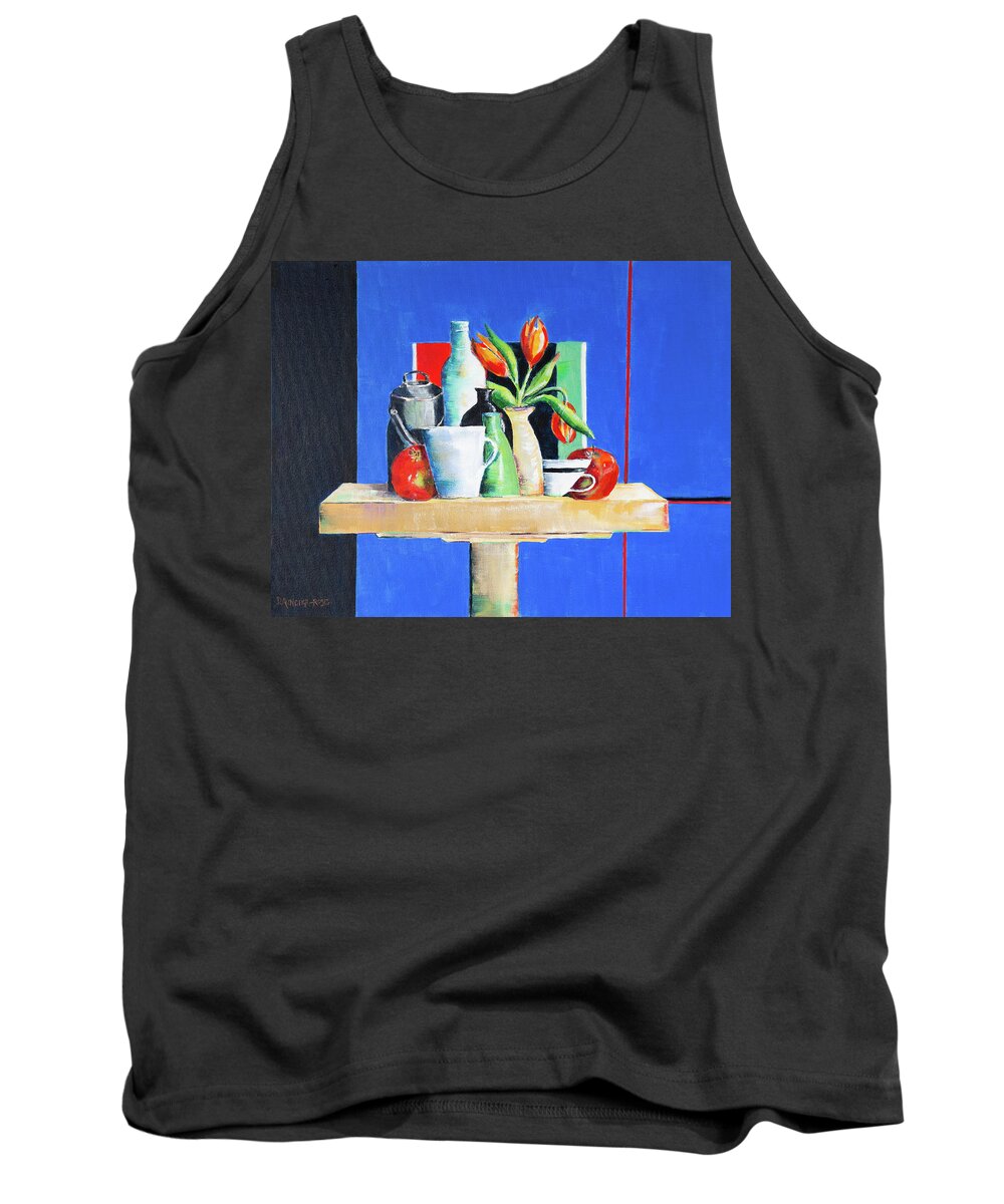Acrylic Tank Top featuring the painting Pots And Vases On Blue by Seeables Visual Arts