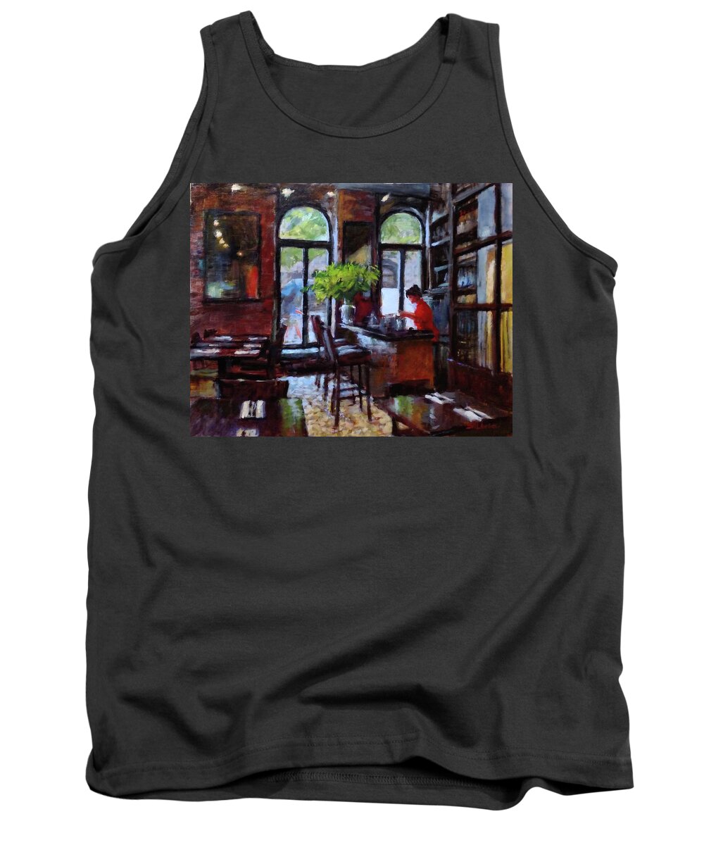 Spice Restaurant Tank Top featuring the painting Rainy Morning in the Restaurant by Peter Salwen