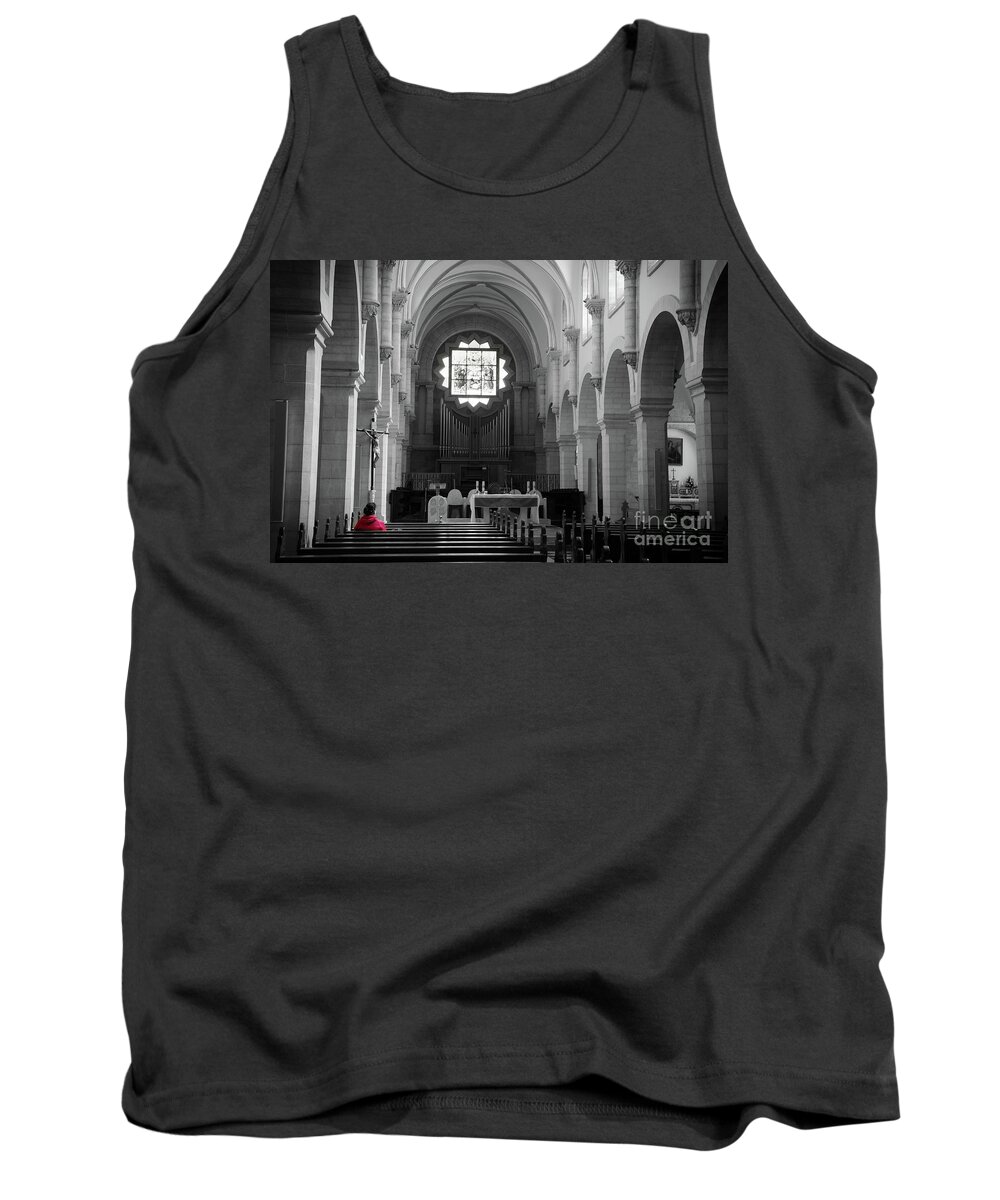 Red Tank Top featuring the photograph Red and Mono, Church of Bethlehem by Perry Rodriguez