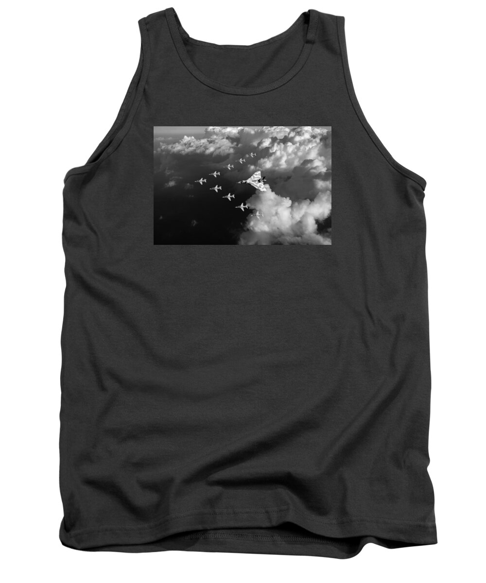 Avro Vulcan Tank Top featuring the photograph Red Arrows and Vulcan above clouds black and white by Gary Eason