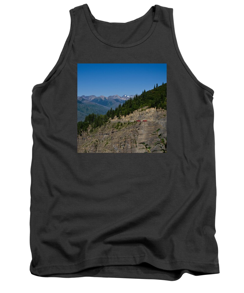 Mountain Tank Top featuring the photograph Red Buses, Glacier National Park by Jedediah Hohf