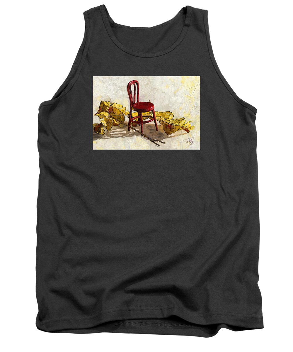 Red Tank Top featuring the digital art Red chair and yellow leaves by Debra Baldwin
