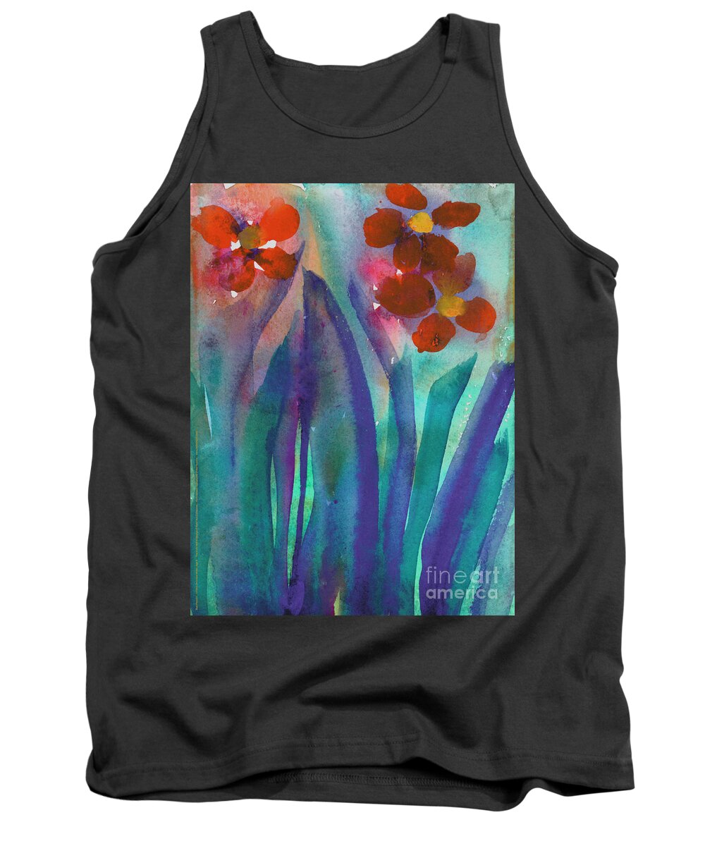 Orange Tank Top featuring the painting Red Flowers by Christina Miller Age Nine