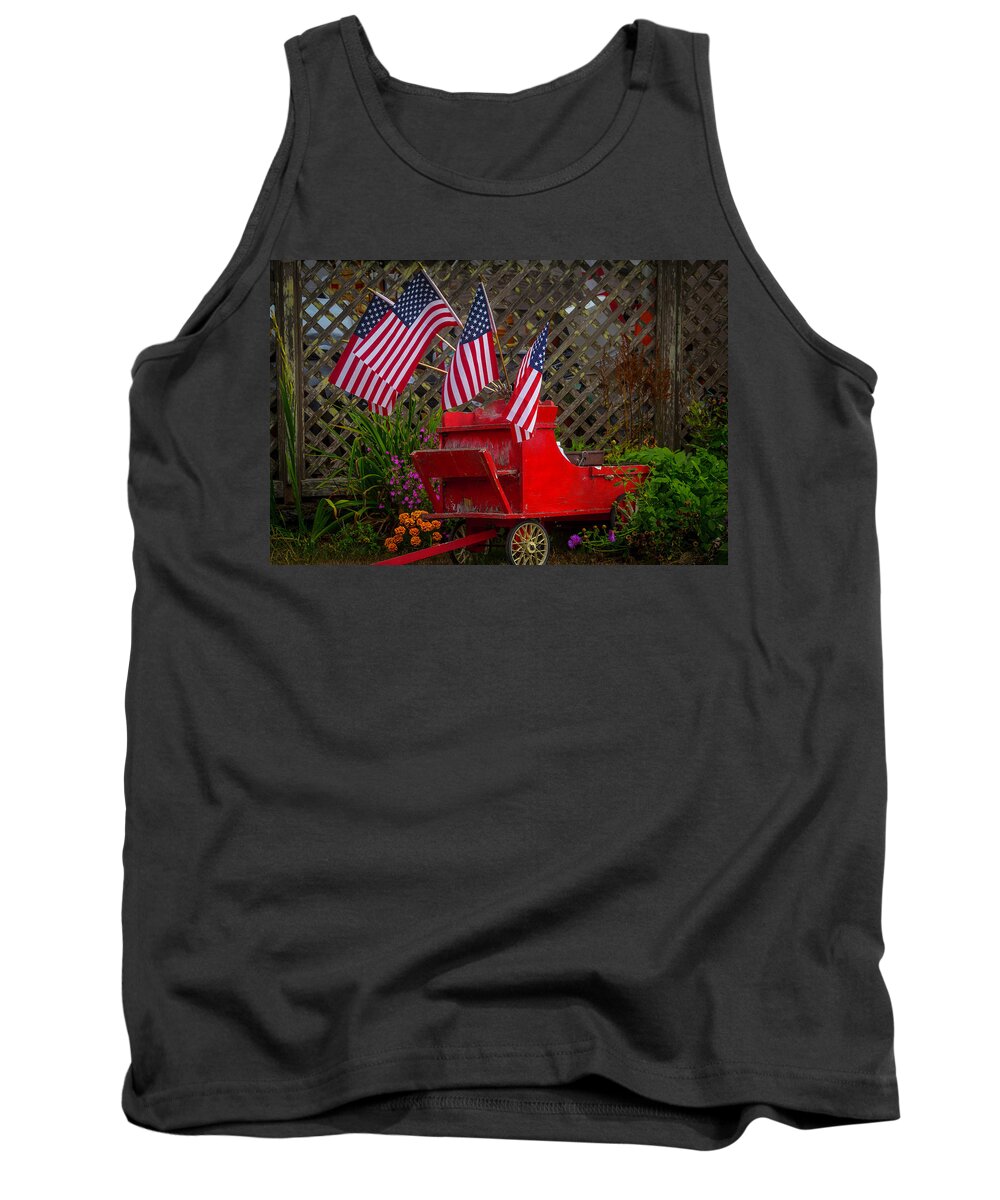 Red Tank Top featuring the photograph Red Wagon With Flags by Garry Gay