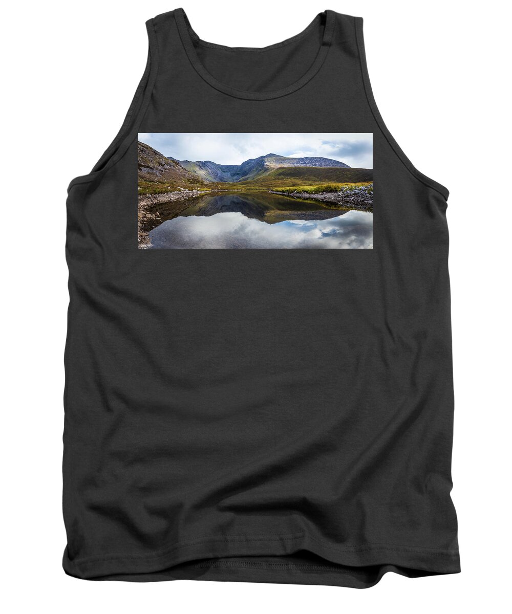 Black Tank Top featuring the photograph Reflection of the Macgillycuddy's Reeks in Lough Eagher by Semmick Photo