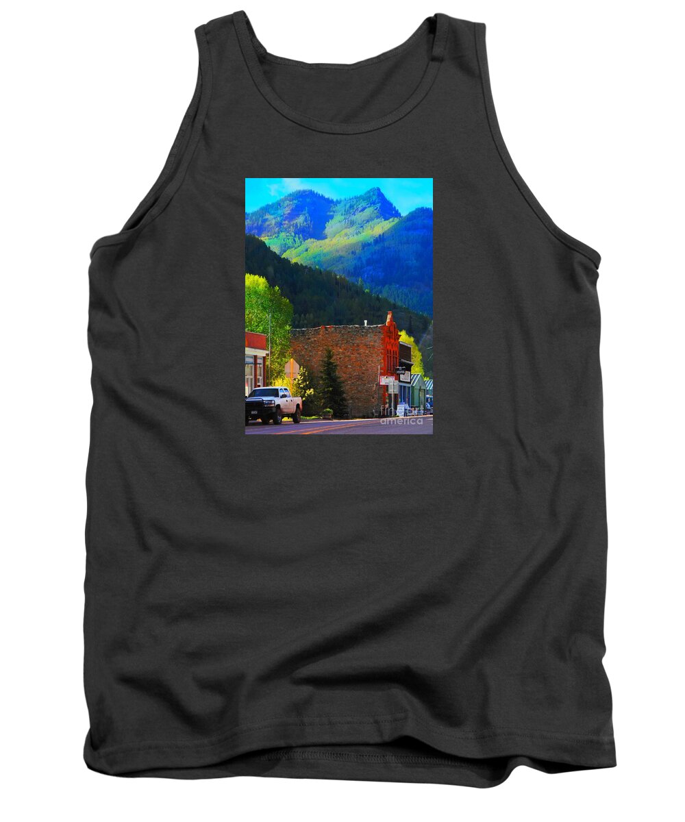 Rico Colorado Red Blue White Navy Yellow Tans Historical Cold Mining Town Tank Top featuring the digital art Rico Colorado by Annie Gibbons