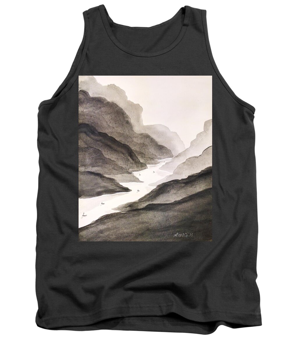 River Tank Top featuring the painting River Running Through Mountains by Edwin Alverio