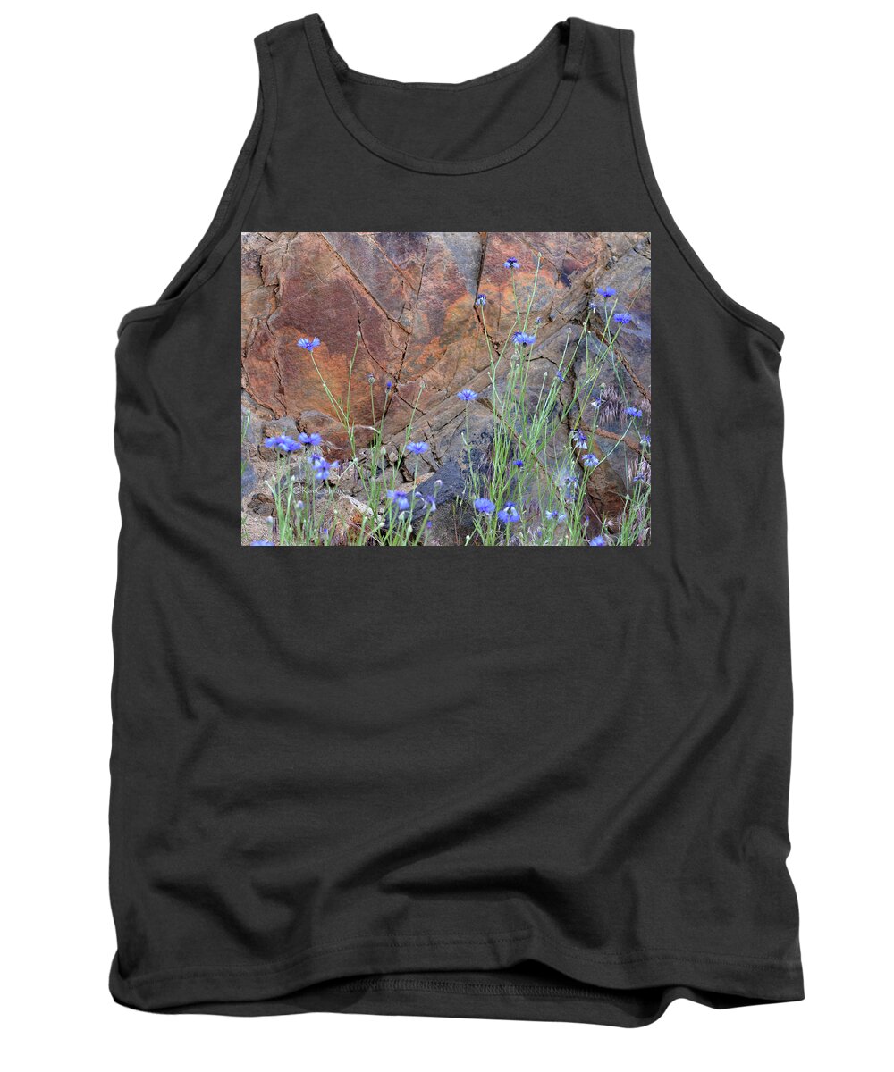 Rock Tank Top featuring the photograph Rock Wall behind Cornflowers by Kae Cheatham