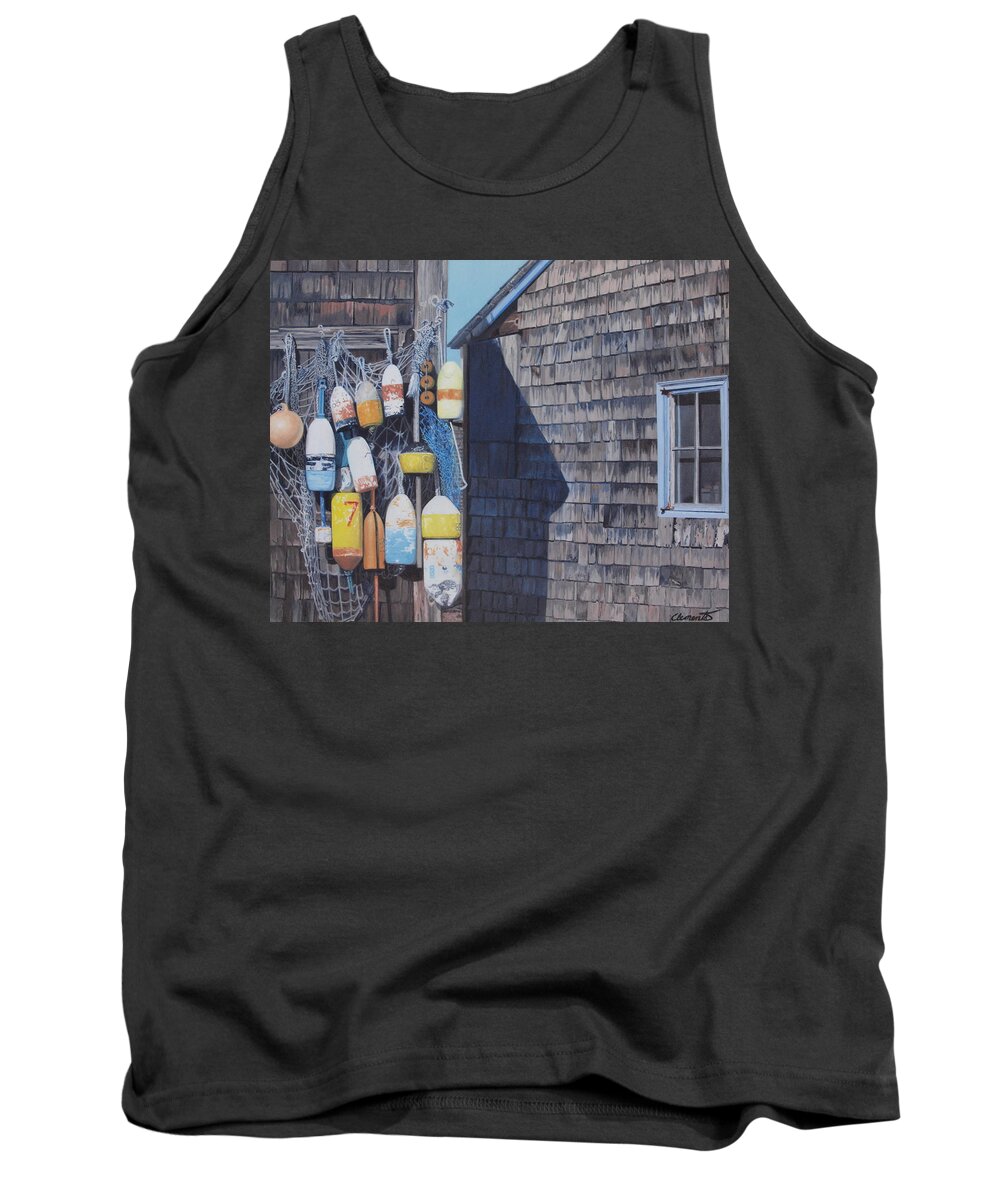 Lobster Tank Top featuring the painting Rockport fishing shack with lobster-buoys and nets by Barbara Barber