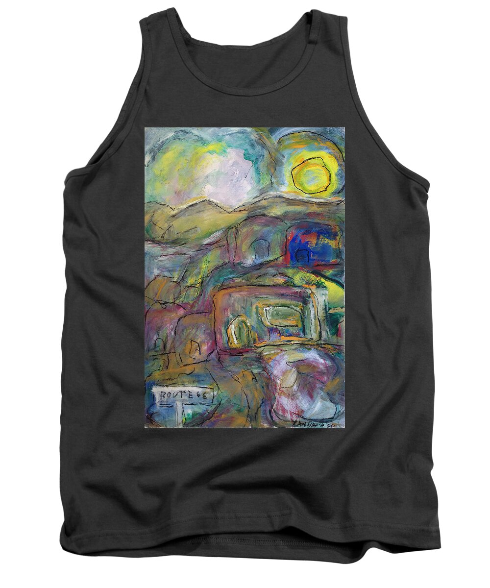 Original Art Chalk Pastel Drawing Route 66 Sign Highway Town Village Tank Top featuring the pastel Route 66 by Katt Yanda