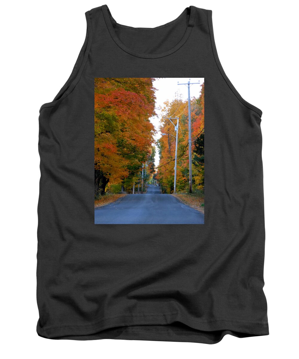 Autumn Scene With Road In Forest Tank Top featuring the painting Rural road running along the maple trees in autumn 1 by Jeelan Clark
