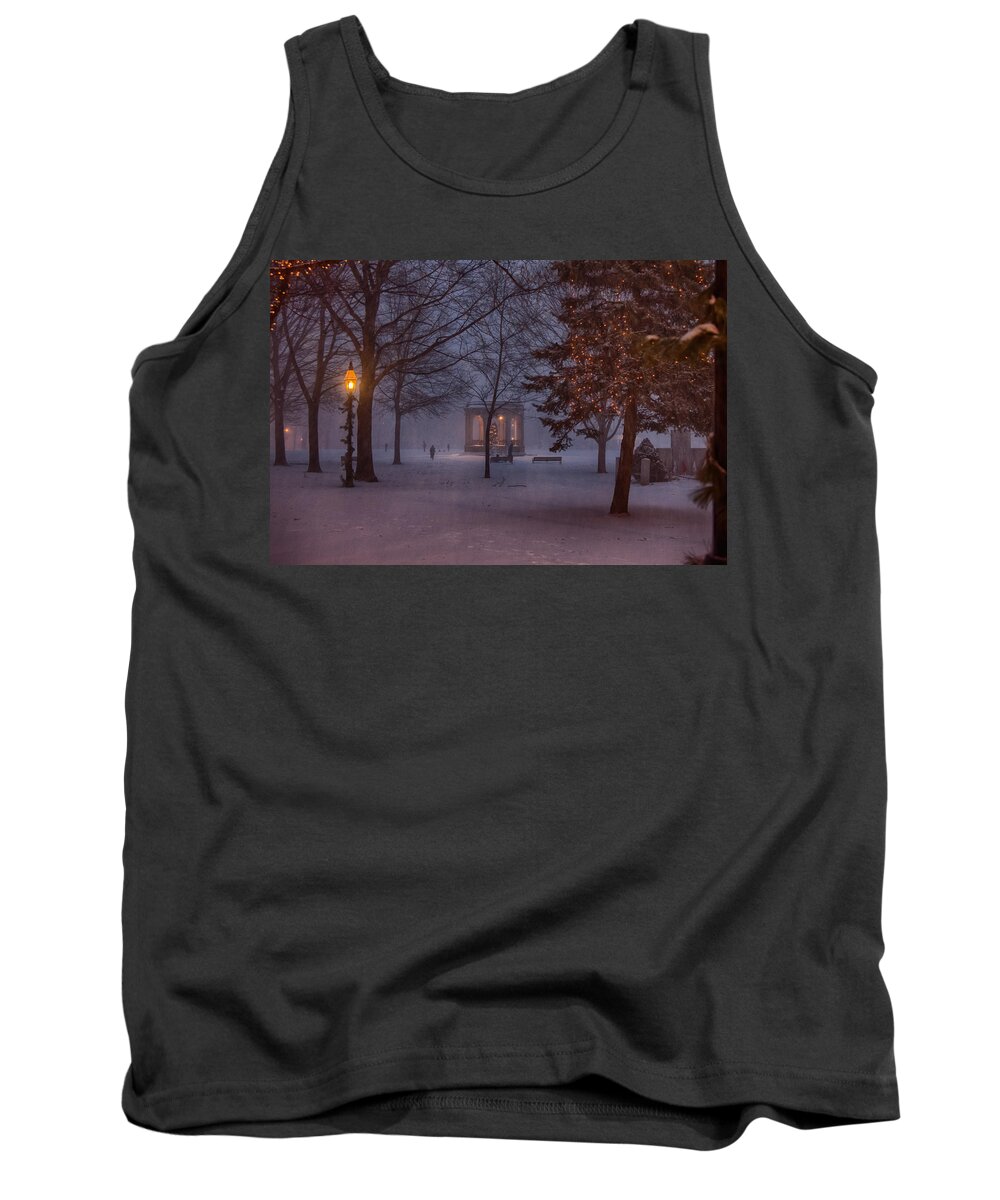 Salem Tank Top featuring the photograph Salem Bandstand as snow falls by Jeff Folger