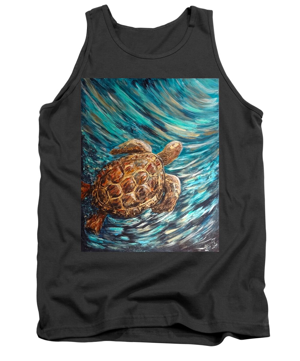 Sea Tank Top featuring the painting Sea Turtle Wave Guam by Michelle Pier