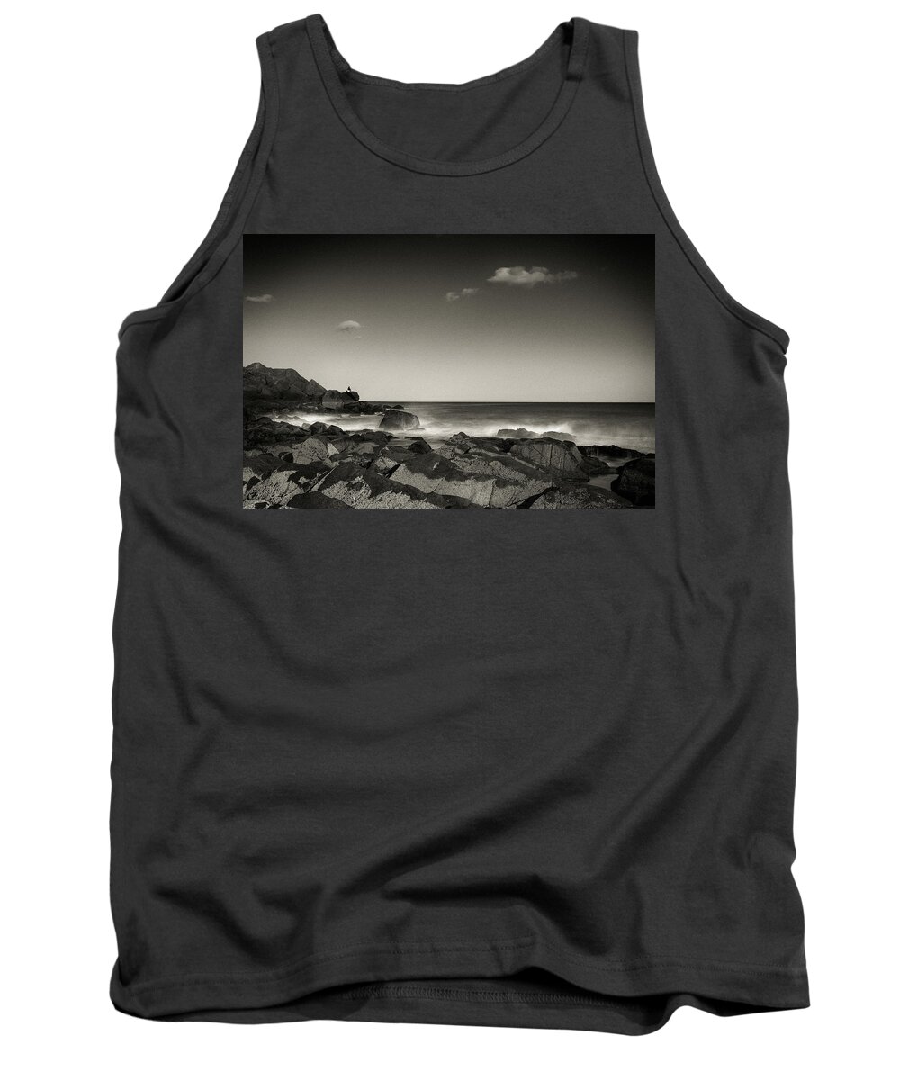 Solitude Seaside Lonely Moody Depressing Sad Fishing Fisher Fisherman Man Lone Oceanside Ocean Atlantic Newengland New England Outside Outdoors Nature Long Exposure Rocky Rocks Gloucester Ma Mass Massachusetts U.s.a. Usa Brian Hale Brianhalephoto Black And White Tank Top featuring the photograph Seaside Solitude by Brian Hale