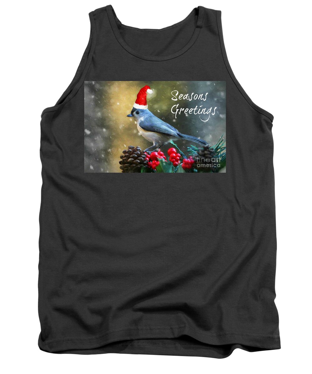 Christmas Card Tank Top featuring the mixed media Seasons Greetings Titmouse by Tina LeCour