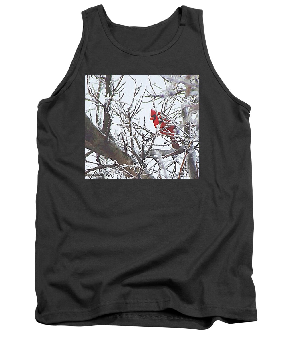 Red Bird Tank Top featuring the mixed media Snowy Red Bird a Cardinal in Winter by Shelli Fitzpatrick