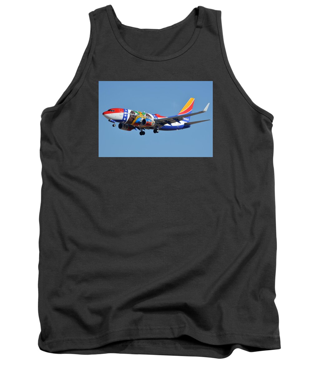 Airplane Tank Top featuring the photograph Southwest Boeing 737-7H4 N280WN Missouri One Phoenix Sky Harbor January 24 2016 by Brian Lockett