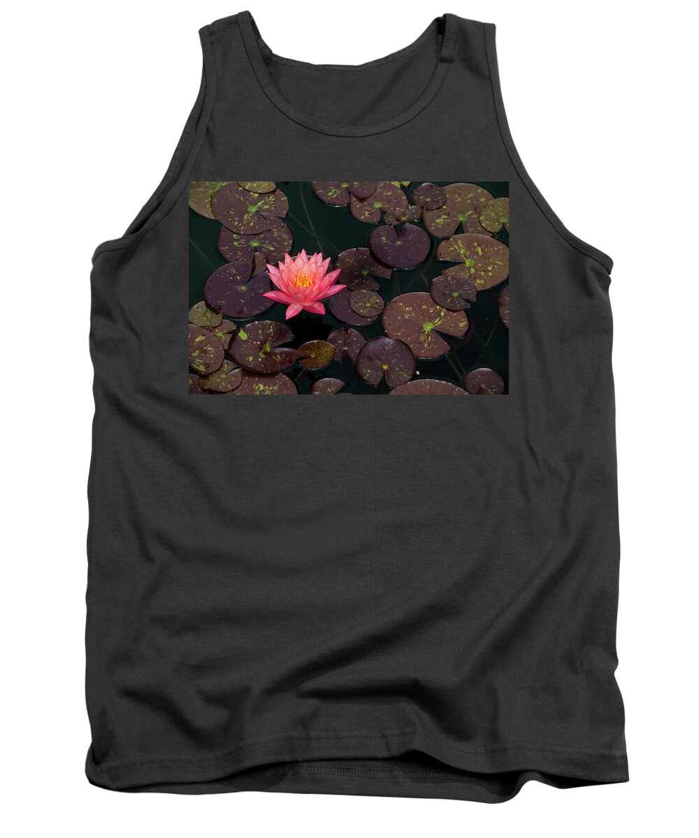 Bloom Tank Top featuring the photograph Speckled Red Lily and Pads by Dennis Dame
