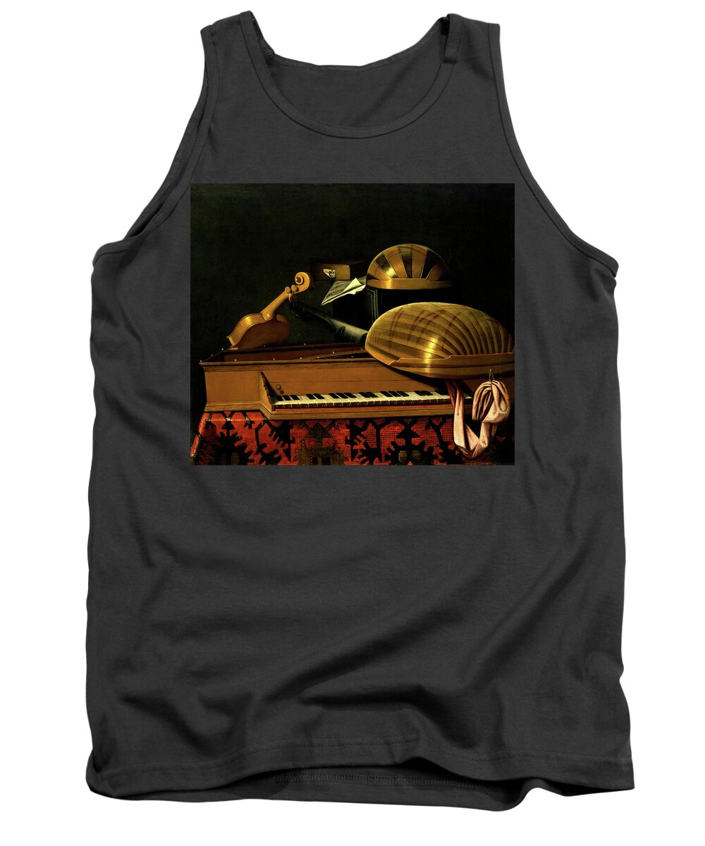Still Life Tank Top featuring the painting Still Life with Musical Instruments and Books by Bartholomeo Bettera