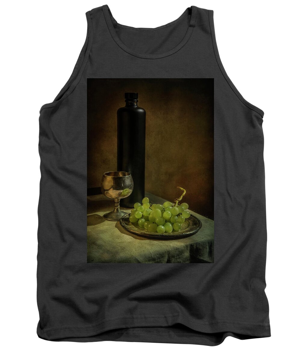 Still Life Tank Top featuring the photograph Still life with wine and green grapes by Jaroslaw Blaminsky
