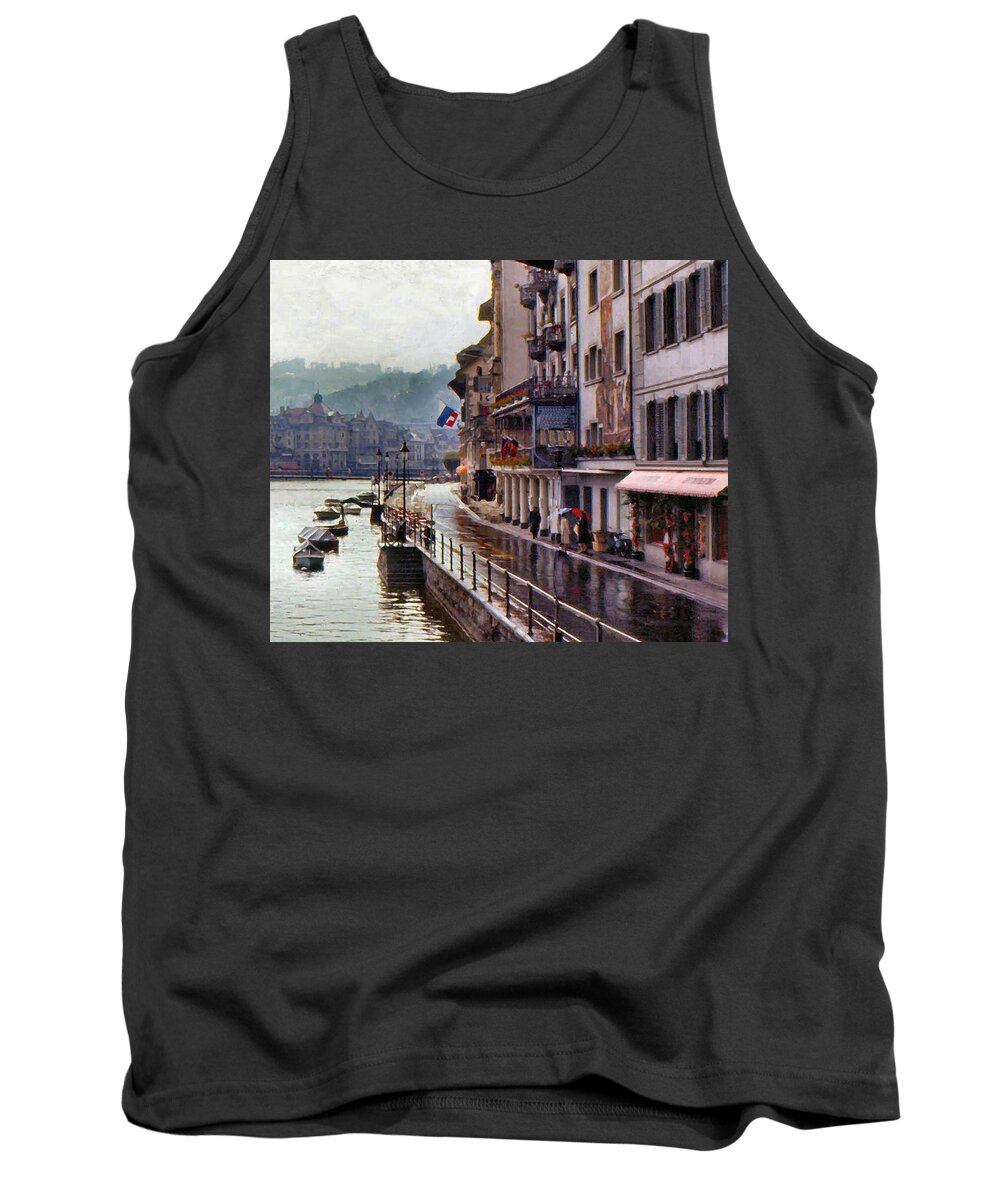 Switzerland Tank Top featuring the photograph Stormy Lucerne Cafe by Lin Grosvenor