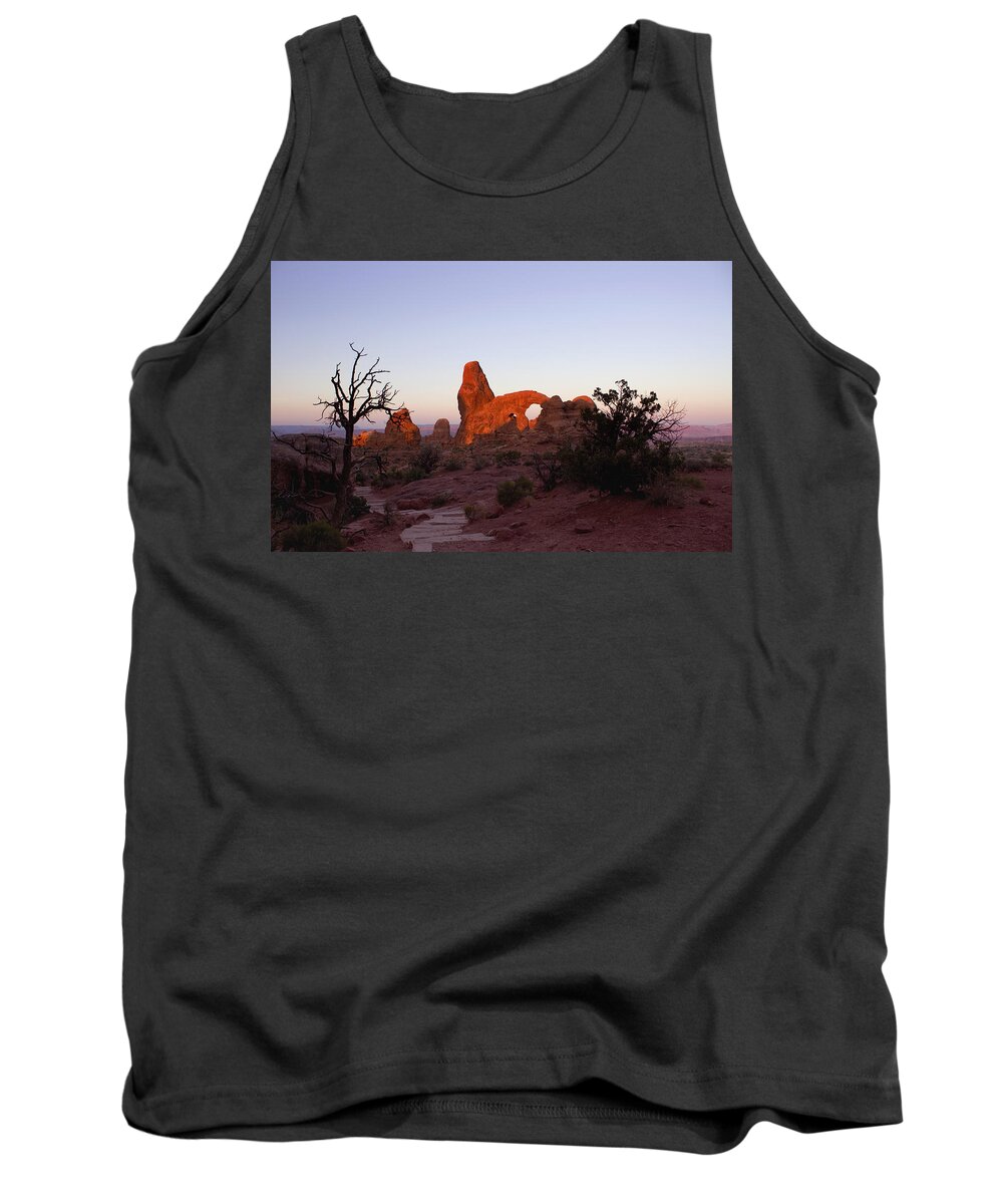Tower Arch Tank Top featuring the photograph Sunrise at Tower Arch by Ellen Heaverlo