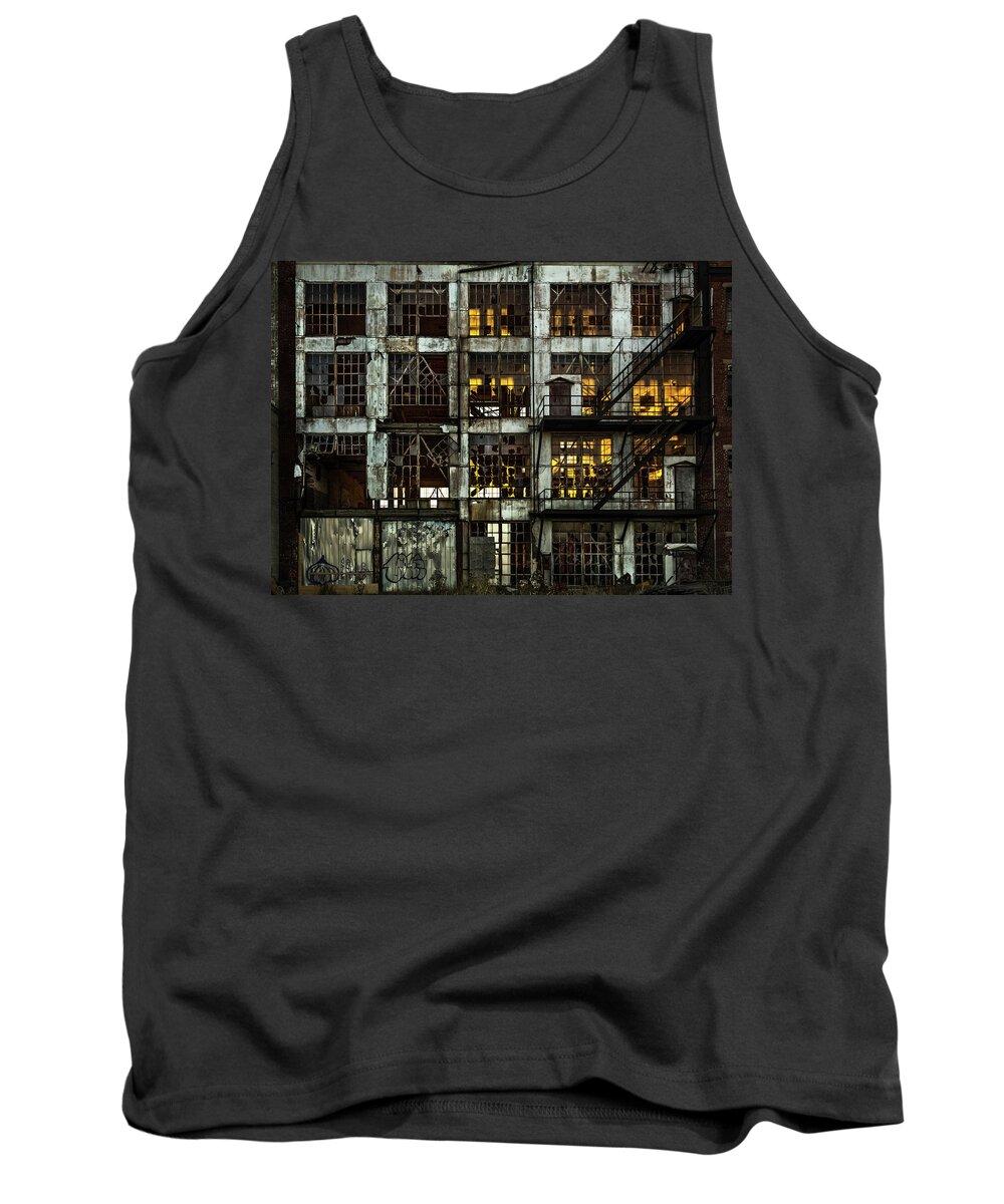 Abandoned Tank Top featuring the photograph Sunset and broken glass The Fort William Starch Company by Jakub Sisak