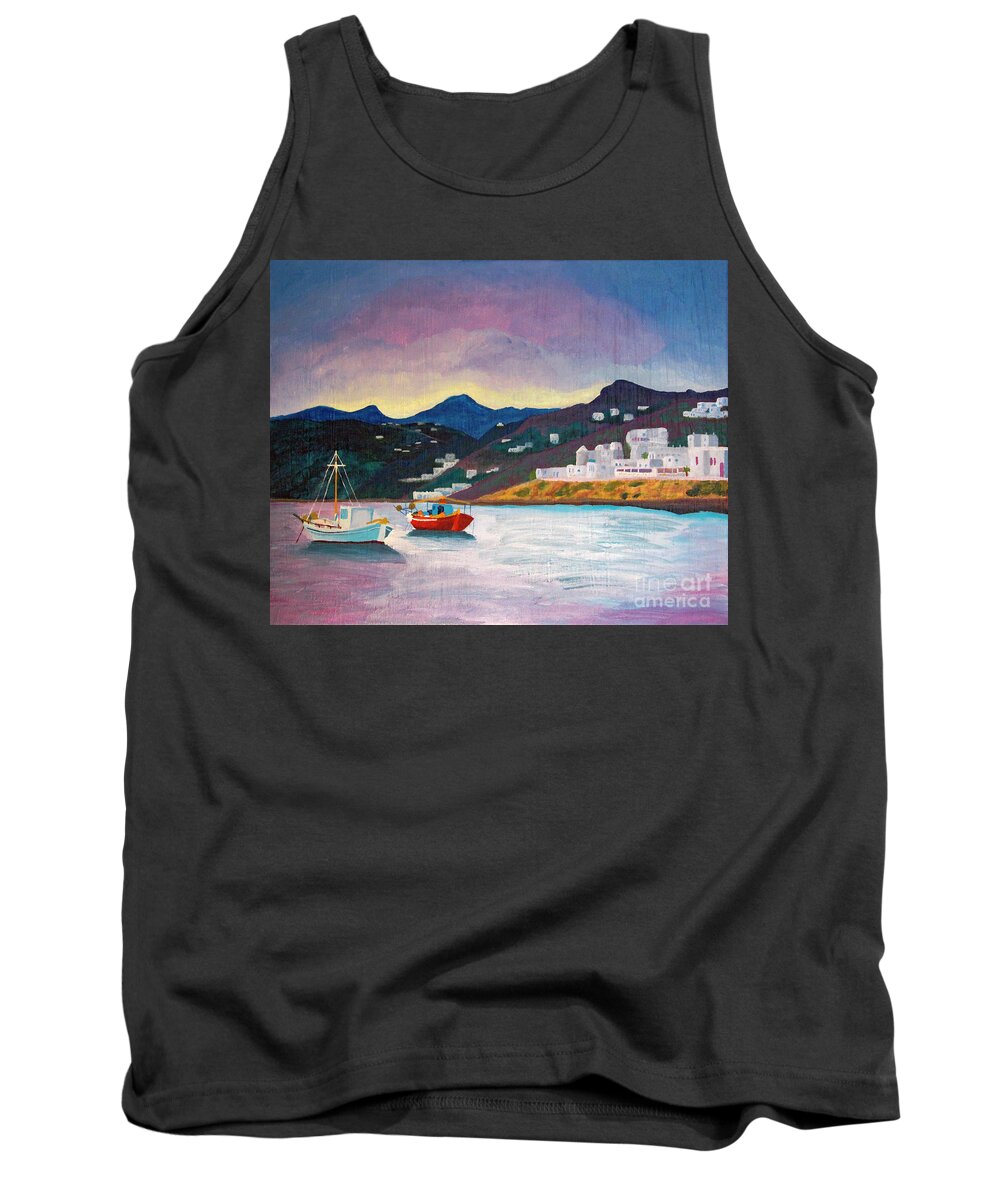 Mykonos Tank Top featuring the painting Sunset at Mykonos by Marina McLain