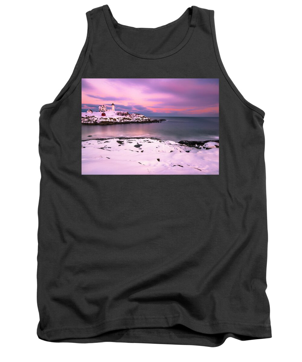 Maine Tank Top featuring the photograph Sunset at Nubble Lighthouse in Maine in Winter Snow by Ranjay Mitra