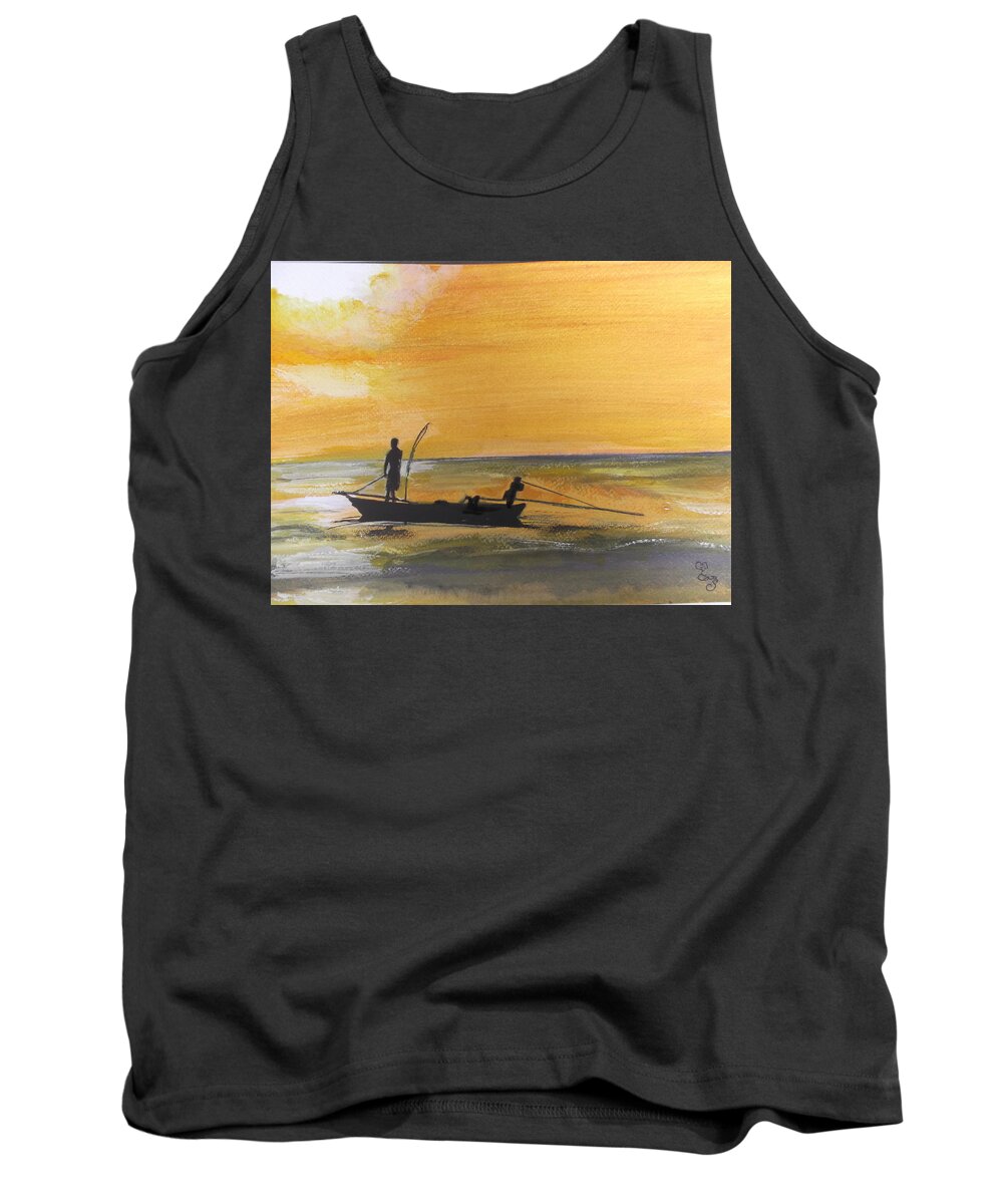 Sunset Tank Top featuring the painting Sunset fishing by Carole Robins
