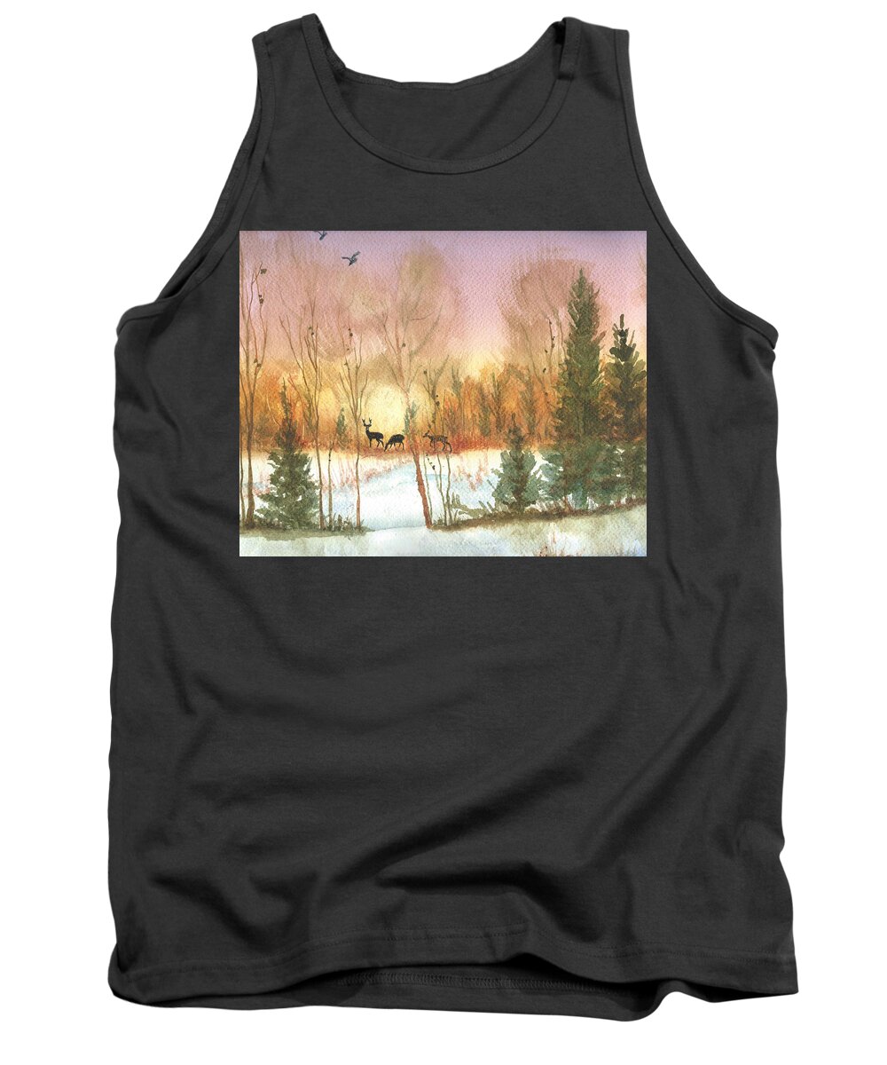 Deer Tank Top featuring the painting Sunset in the Winter Forest by Elise Boam