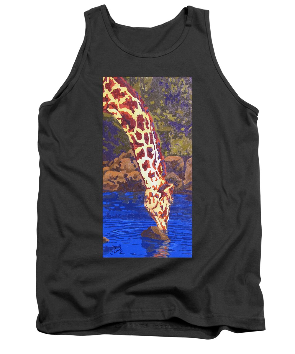 Giraffe Tank Top featuring the painting Tall Drink Of Water by Cheryl Bowman