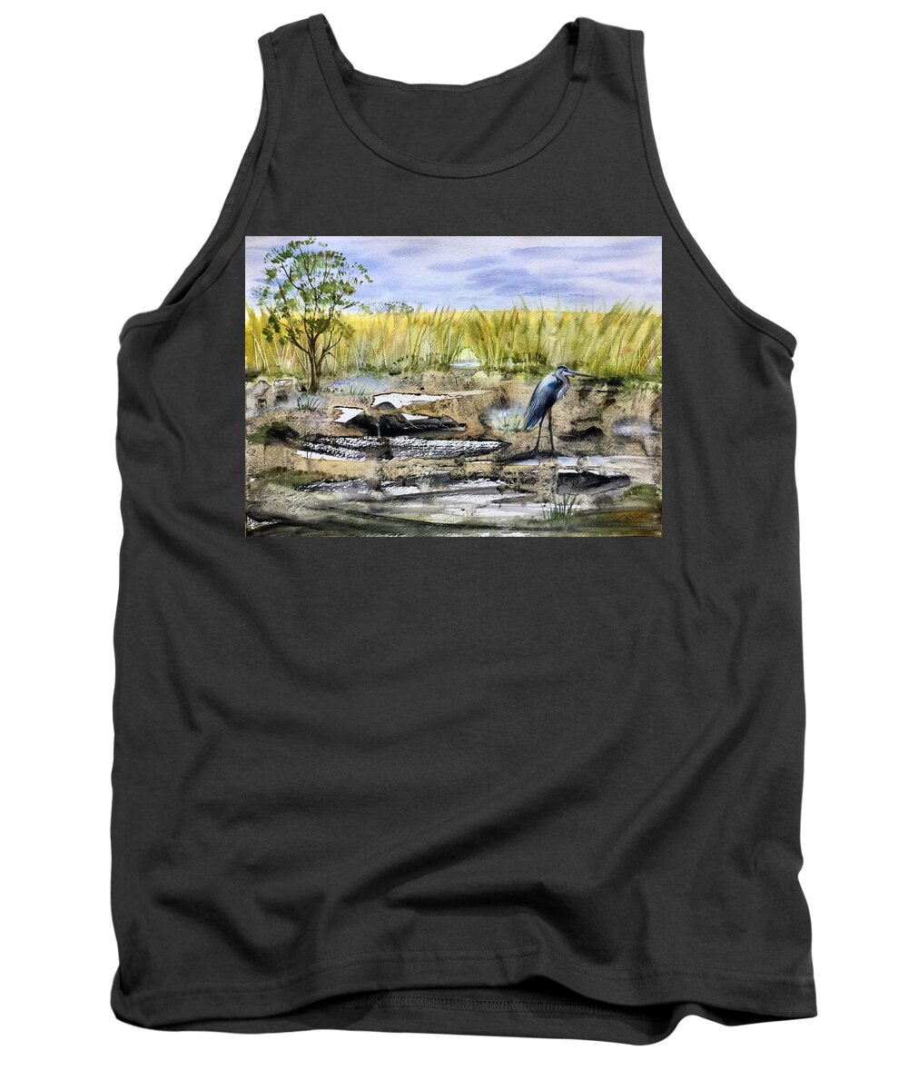 Bird Tank Top featuring the painting The blue egret by Katerina Kovatcheva