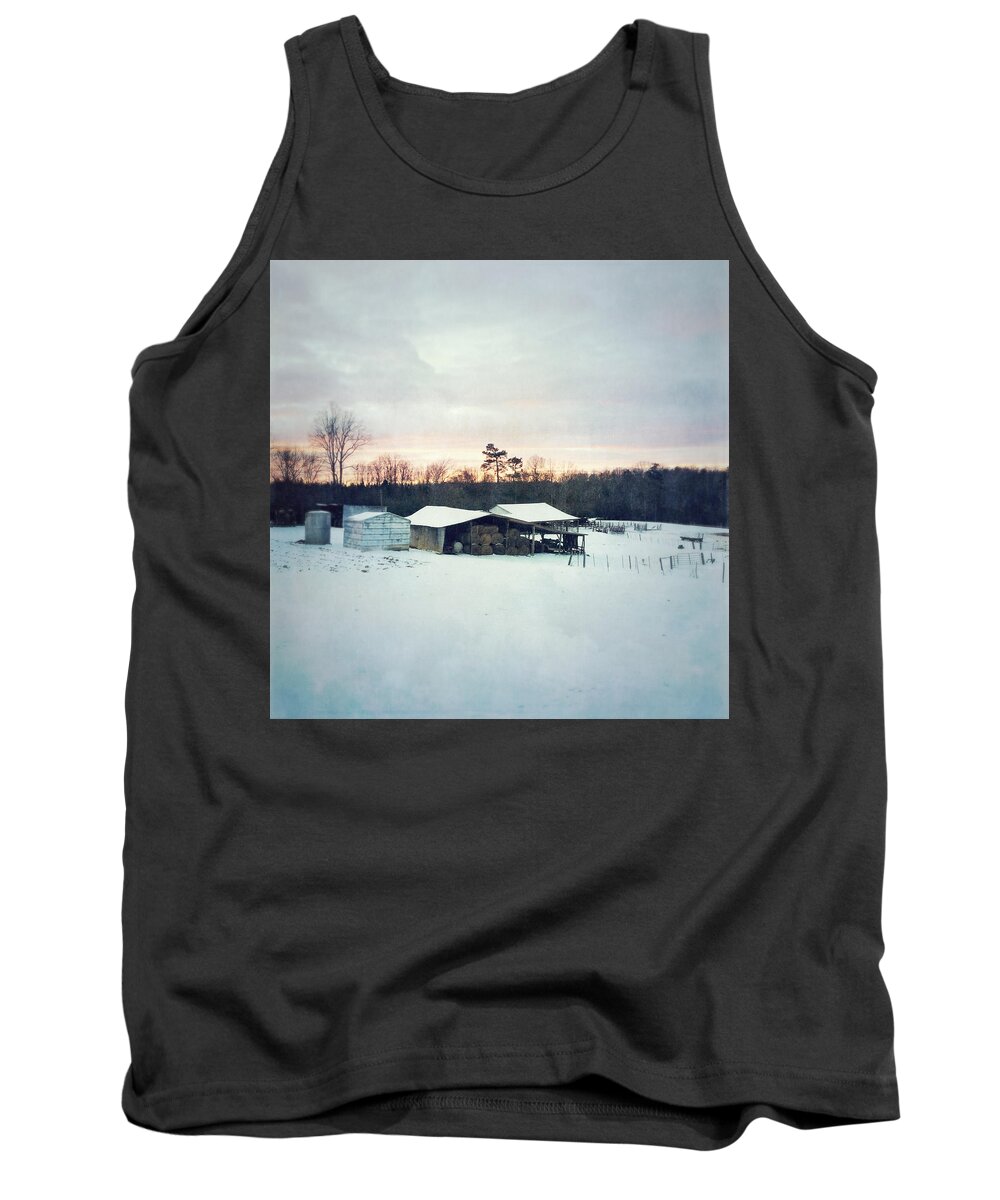 Photography Tank Top featuring the photograph The Farm In Snow At Sunset by Melissa D Johnston