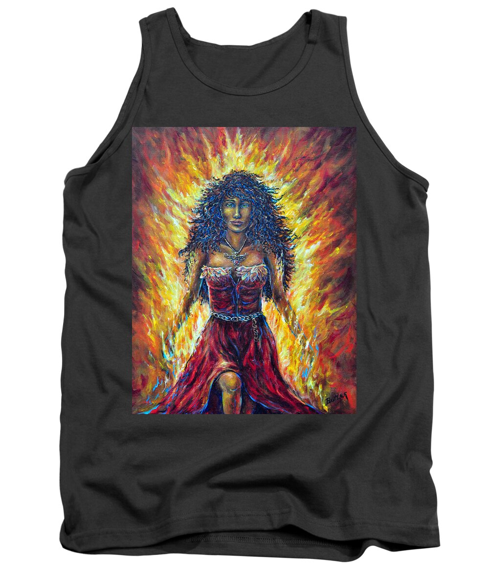 Fantasy Figurative Female Phoenix Fire Red Yellow Strength Passion Tank Top featuring the painting The Phoenix by Gail Butler