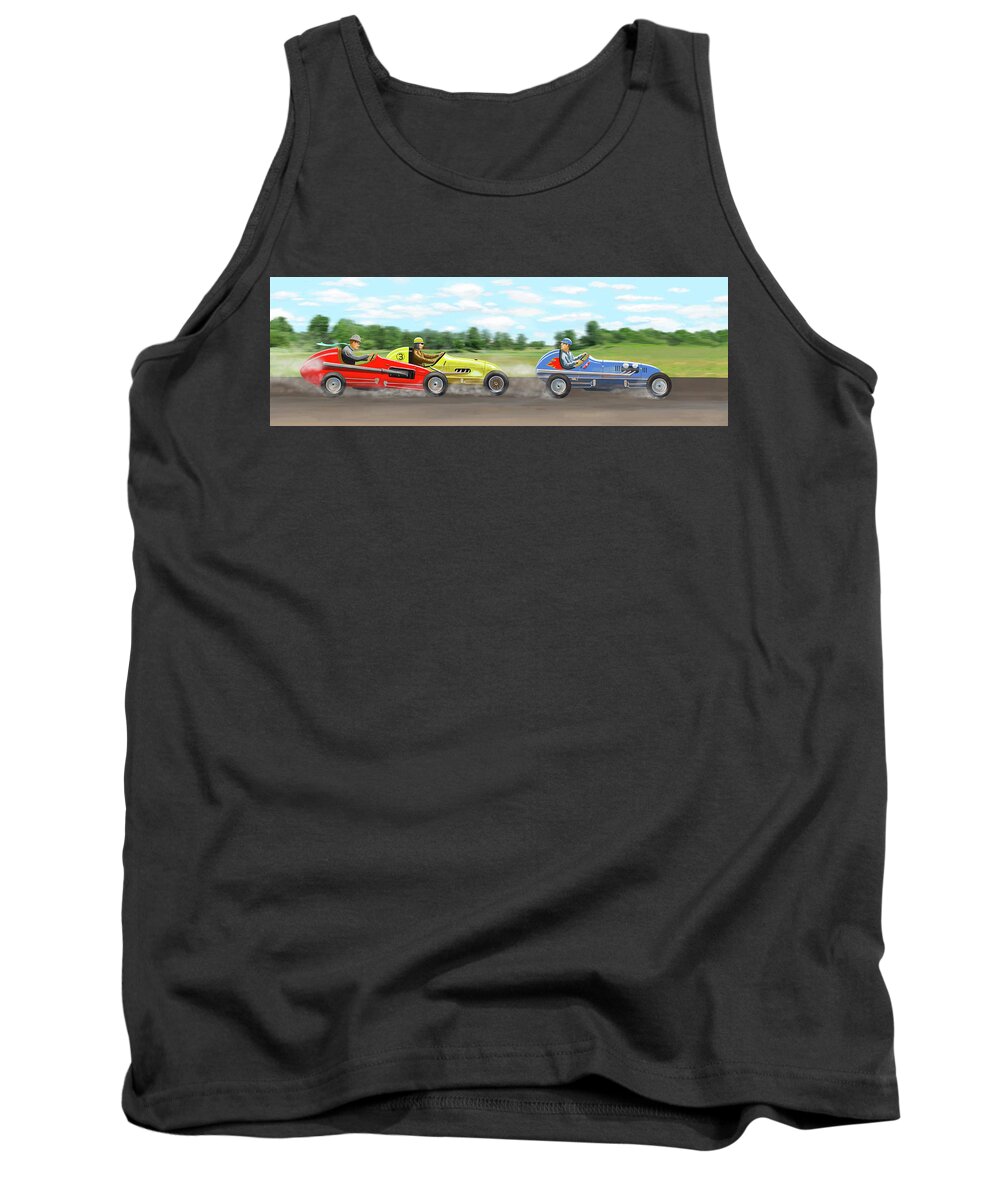 Racing Midget Racing Car Speed Racers  Flat Track Dirt Track Indy 500 Brick Yard Flat Track Auto Show Carts Speed Shift Figure Eight Modified Micro Outlaw Quarter Midget Vintage Sprint Half Midget Usac Hyper Racing Tank Top featuring the digital art The Racers by Gary Giacomelli