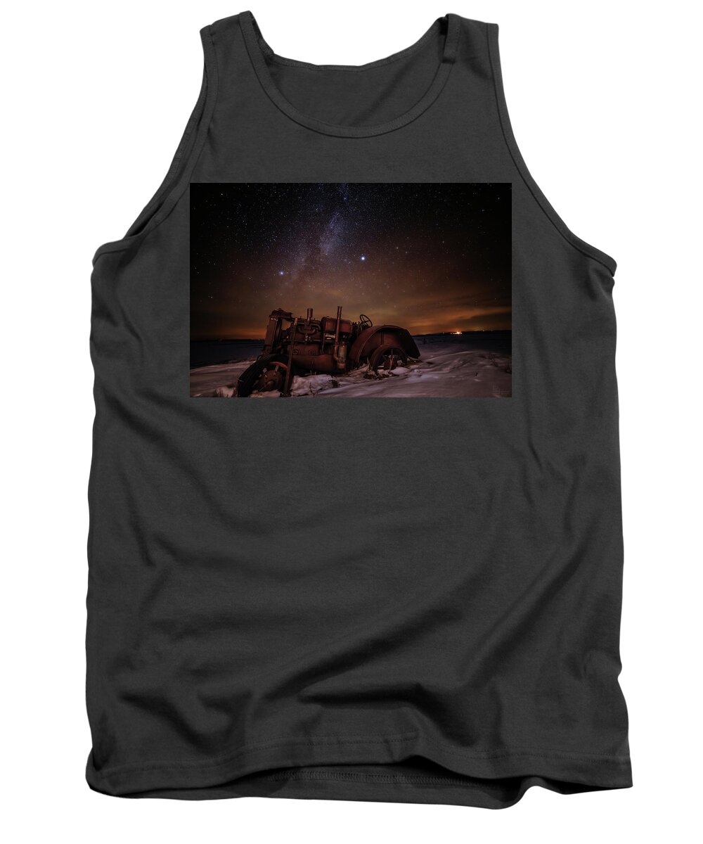 Astro Landscape Scenic Stars Milky Way Winter Antique Tractor Nd Night Night Sky Tank Top featuring the photograph The Witness by Peter Herman