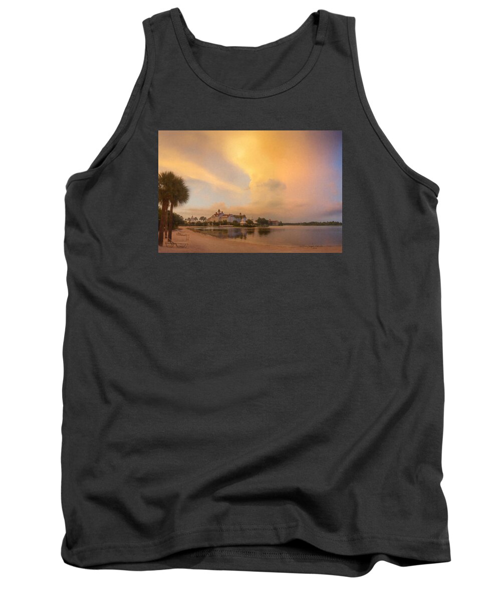 Disney Tank Top featuring the painting Thunderstorm over Disney Grand Floridian Resort by Bill McEntee