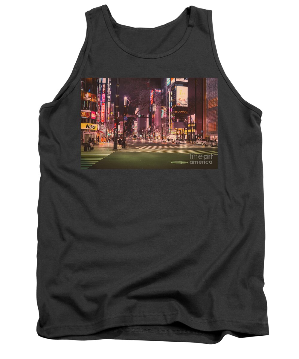 Tokyo Tank Top featuring the photograph Tokyo Street at Night, Japan by Perry Rodriguez